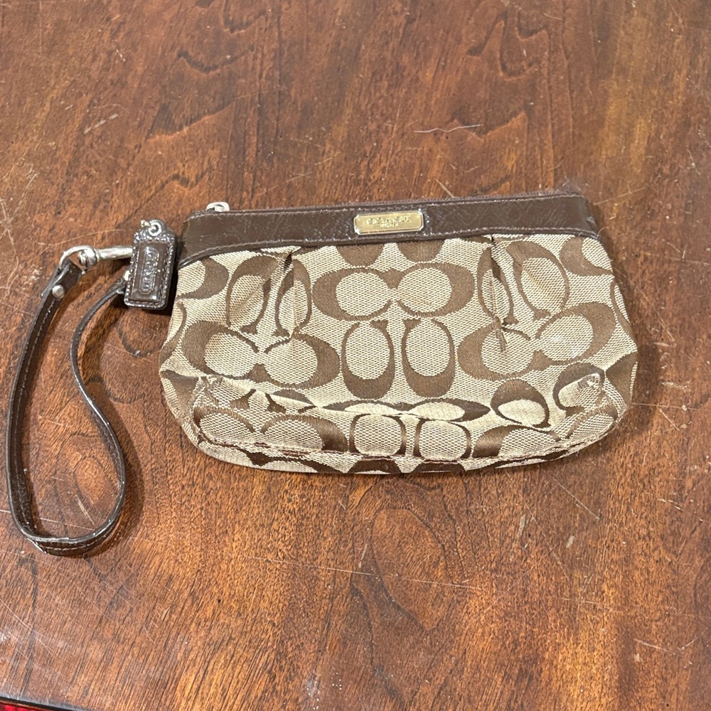 Coach Tan and Brown Signature Wristlet